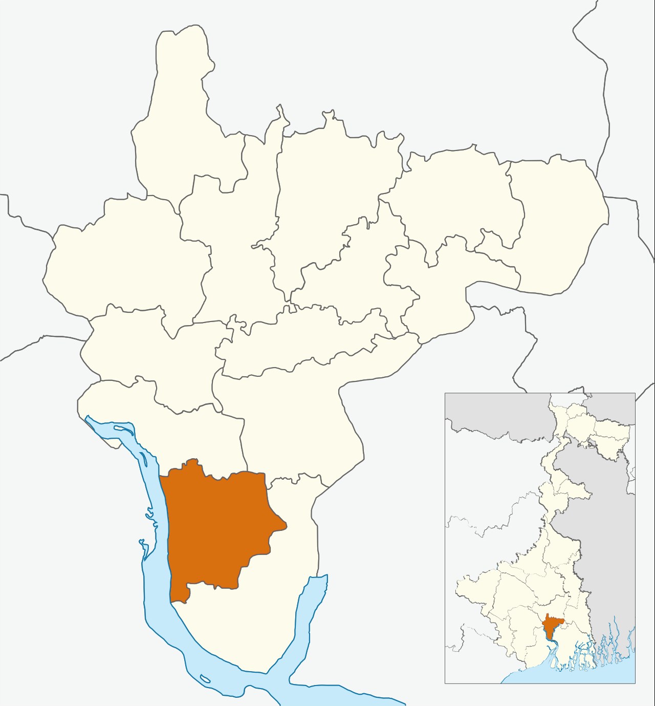 Map of Howrah district with Shyampur-II highlighted in geruwa; inset shows its location within West Bengal